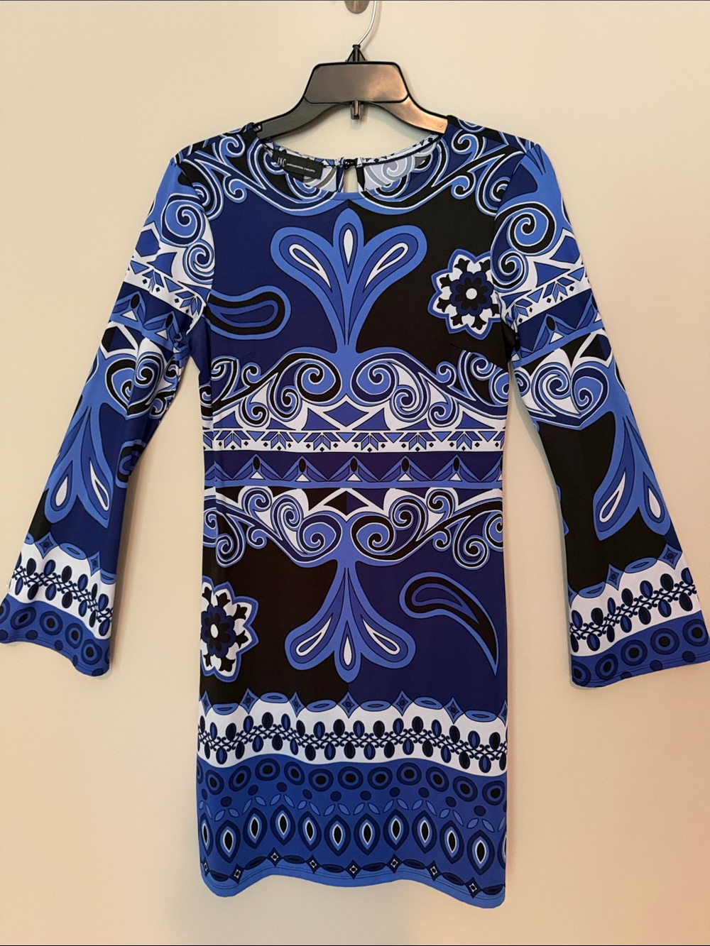 INC International Concepts Blue and White Long-Sleeve Patterned Dress